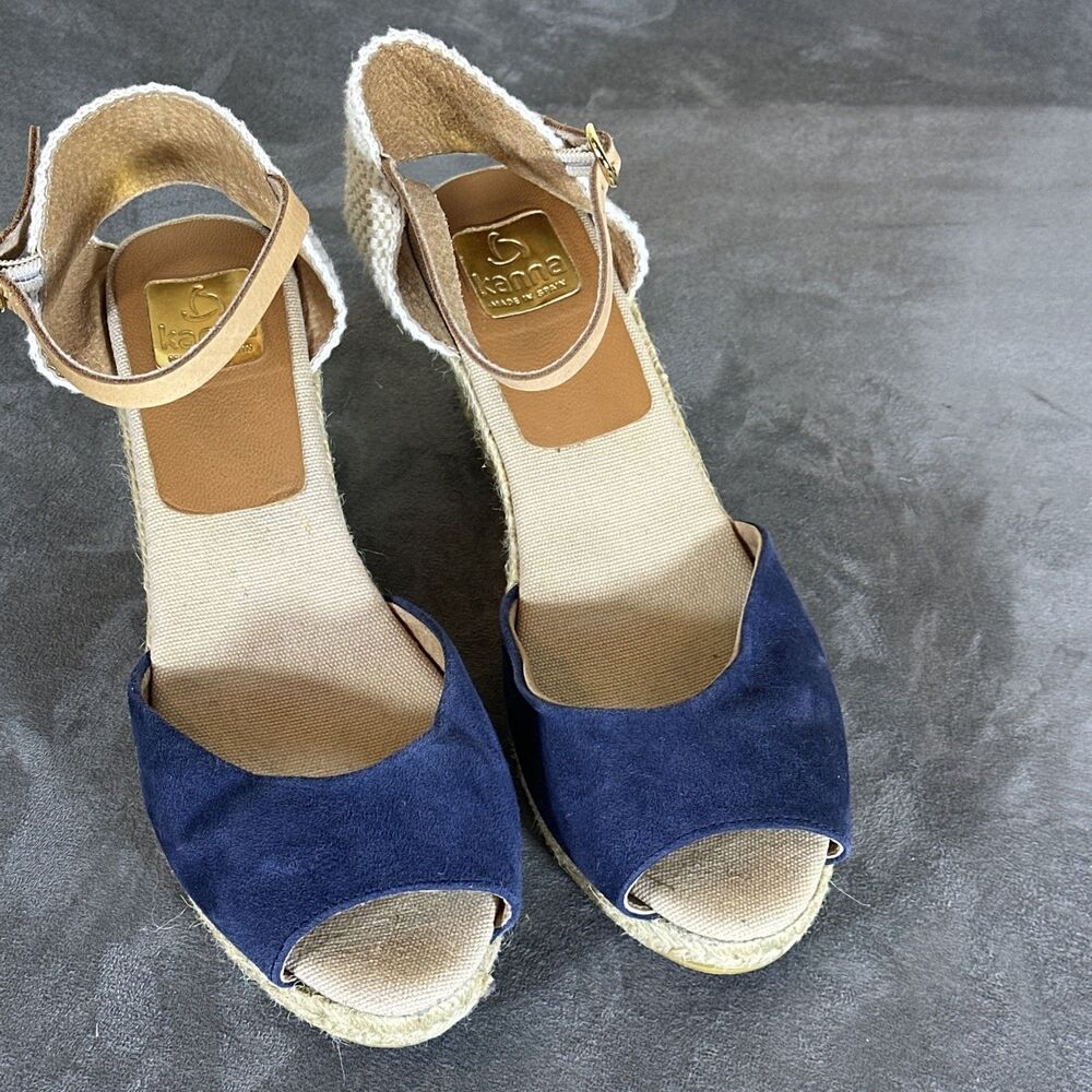 Kanna Peep Toe Wedge Sandals 39 Made In Spain Navy Suede Women’s Espadrilles